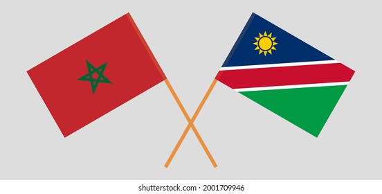 Banderas cruzadas de Marruecos y Namibia. Colores oficiales. Proporción correcta
