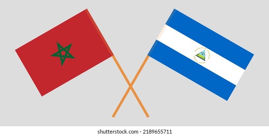 Crossed flags of Morocco and Nicaragua. Official colors. Correct proportion. Vector illustration

