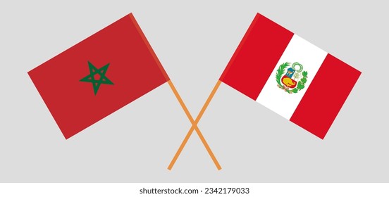 Crossed flags of Morocco and Peru. Official colors. Correct proportion. Vector illustration
