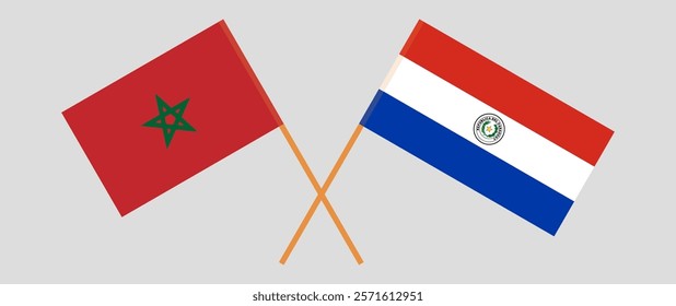 Crossed flags of Morocco and Republic of Paraguay. Official colors. Correct proportion. Vector illustration.
