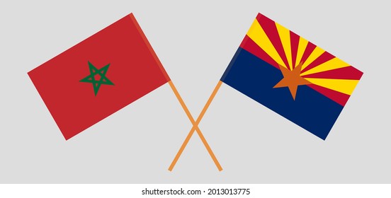 Crossed flags of Morocco and the State of Arizona. Official colors. Correct proportion