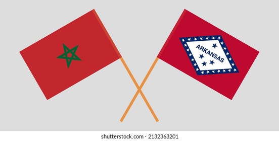 Crossed flags of Morocco and The State of Arkansas. Official colors. Correct proportion. Vector illustration

