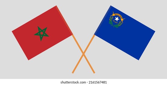 Crossed flags of Morocco and The State of Nevada. Official colors. Correct proportion