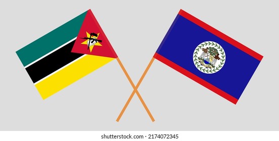 Crossed flags of Mozambique and Belize. Official colors. Correct proportion. Vector illustration