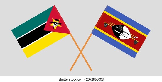 Crossed flags of Mozambique and Eswatini. Official colors. Correct proportion. Vector illustration
