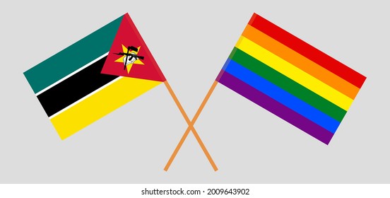 Crossed flags of Mozambique and LGBTQ. Official colors. Correct proportion