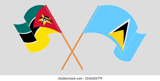 Crossed flags of Mozambique and Saint Lucia. Official colors. Correct proportion. Vector illustration
