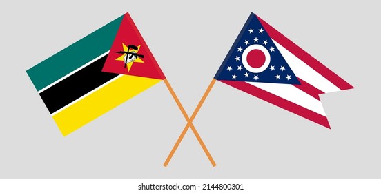 Crossed flags of Mozambique and the State of Ohio. Official colors. Correct proportion. Vector illustration
