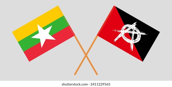 Crossed flags of Myanmar and anarchy. Official colors. Correct proportion. Vector illustration
