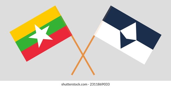 Crossed flags of Myanmar and Antarctica. Official colors. Correct proportion. Vector illustration
