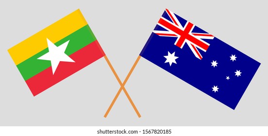 Crossed flags of Myanmar and Australia. Official colors. Correct proportion. Vector illustration
