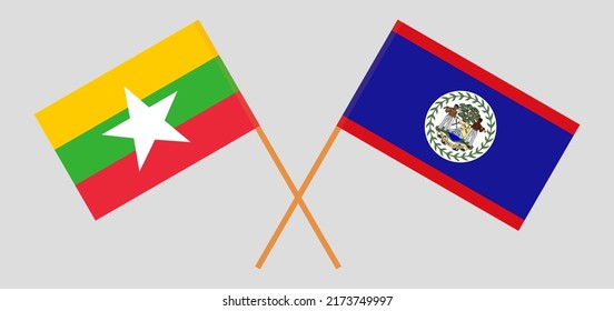 Crossed flags of Myanmar and Belize. Official colors. Correct proportion. Vector illustration
