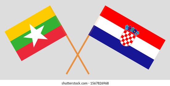 Crossed flags of Myanmar and Croatia. Official colors. Correct proportion. Vector illustration
