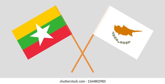 Crossed flags of Myanmar and Cyprus. Official colors. Correct proportion. Vector illustration
