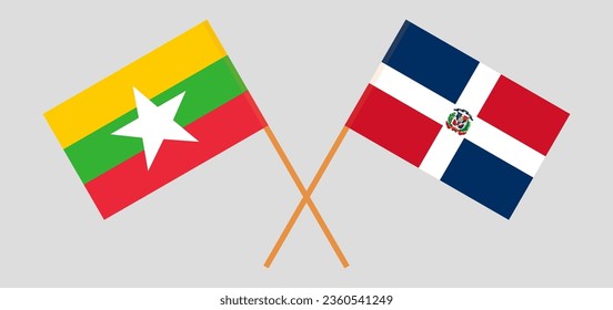 Crossed flags of Myanmar and Dominican Republic. Official colors. Correct proportion. Vector illustration
