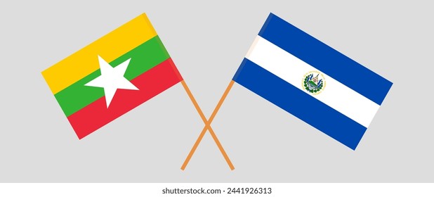 Crossed flags of Myanmar and El Salvador. Official colors. Correct proportion. Vector illustration
