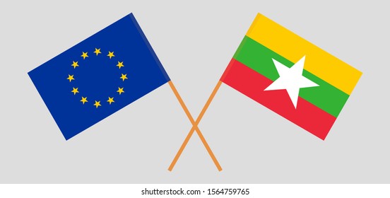 Crossed flags of Myanmar and the EU. Official colors. Correct proportion. Vector illustration
