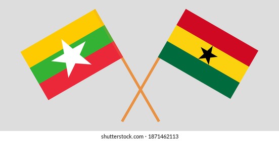 Crossed flags of Myanmar and Ghana. Official colors. Correct proportion