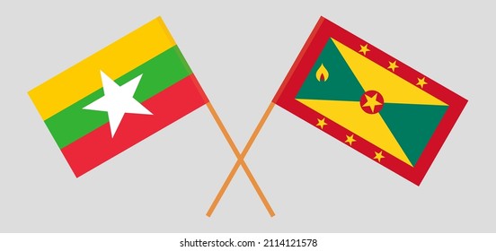 Banderas cruzadas de Myanmar y Granada. Colores oficiales. Proporción correcta. Ilustración del vector
