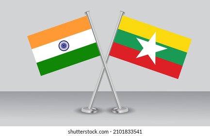 Crossed flags of Myanmar and India. Official colors. Correct proportion. Banner design