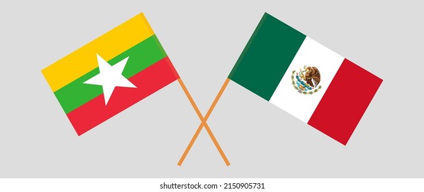 Crossed flags of Myanmar and Mexico. Official colors. Correct proportion. Vector illustration
