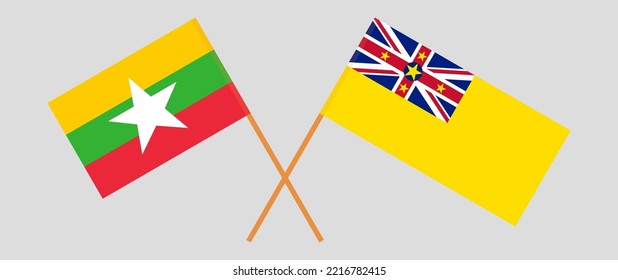 Crossed flags of Myanmar and Niue. Official colors. Correct proportion. Vector illustration
