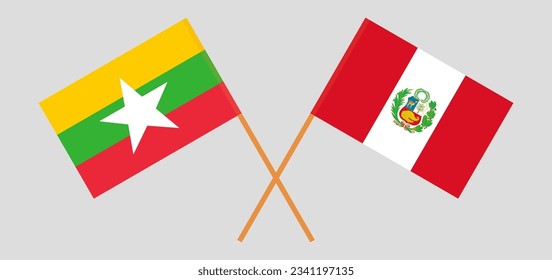 Gekreuzte Flaggen von Myanmar und Peru. Offizielle Farben. Richtiger Anteil. Vektorgrafik
