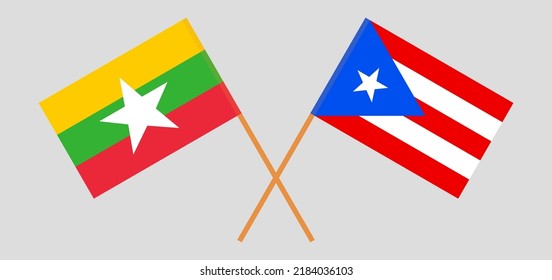Crossed flags of Myanmar and Puerto Rico. Official colors. Correct proportion. Vector illustration
