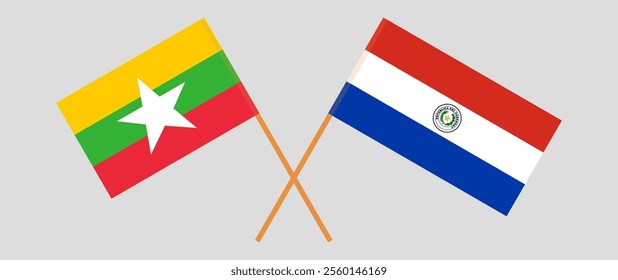 Crossed flags of Myanmar and Republic of Paraguay. Official colors. Correct proportion. Vector illustration.
