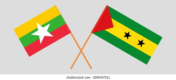 Crossed flags of Myanmar and Sao Tome and Principe. Official colors. Correct proportion