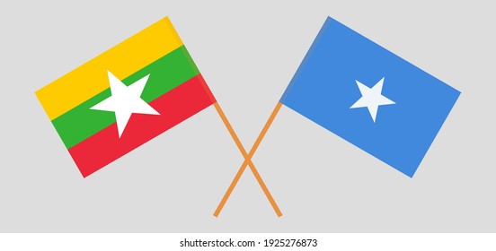 Crossed flags of Myanmar and Somalia. Official colors. Correct proportion