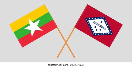 Crossed flags of Myanmar and The State of Arkansas. Official colors. Correct proportion. Vector illustration
