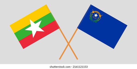 Crossed flags of Myanmar and The State of Nevada. Official colors. Correct proportion. Vector illustration
