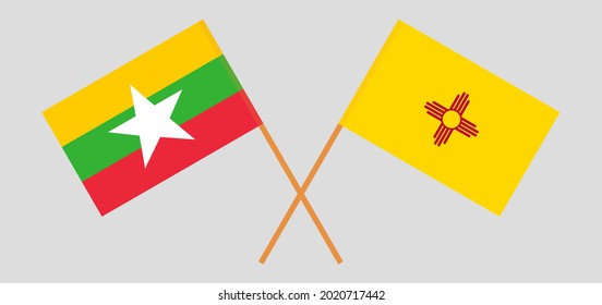 Crossed flags of Myanmar and the State of New Mexico. Official colors. Correct proportion