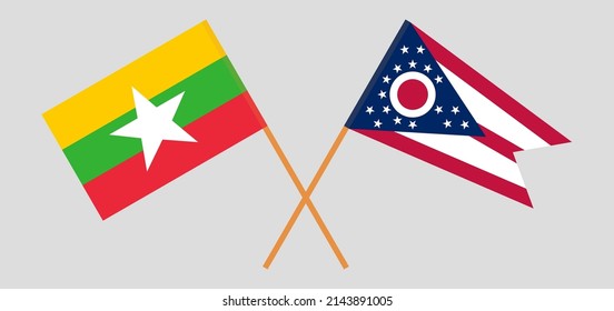 Crossed flags of Myanmar and the State of Ohio. Official colors. Correct proportion. Vector illustration
