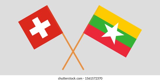 Crossed flags of Myanmar and Switzerland. Official colors. Correct proportion. Vector illustration
