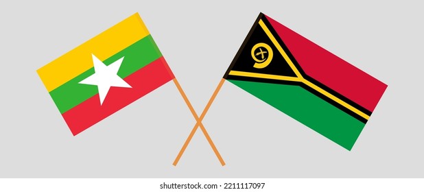 Banderas cruzadas de Myanmar y Vanuatu. Colores oficiales. Proporción correcta. Ilustración del vector
