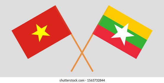 Crossed flags of Myanmar and Vietnam. Official colors. Correct proportion. Vector illustration
