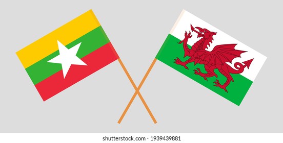 Crossed flags of Myanmar and Wales. Official colors. Correct proportion