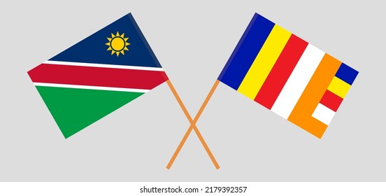 Crossed flags of Namibia and Buddhism. Official colors. Correct proportion. Vector illustration
