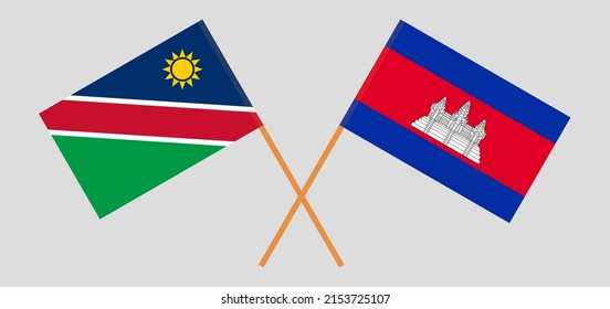 Banderas cruzadas de Namibia y Camboya. Colores oficiales. Proporción correcta