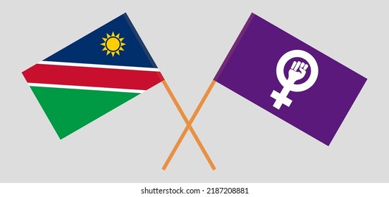 Crossed flags of Namibia and Feminism. Official colors. Correct proportion. Vector illustration
