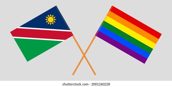 Crossed flags of Namibia and LGBTQ. Official colors. Correct proportion