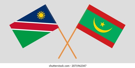 Crossed flags of Namibia and Mauritania. Official colors. Correct proportion