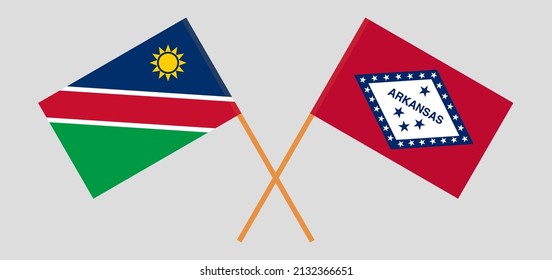 Crossed flags of Namibia and The State of Arkansas. Official colors. Correct proportion. Vector illustration
