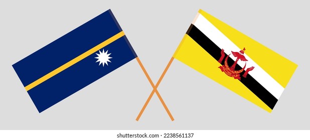 Crossed flags of Nauru and Brunei. Official colors. Correct proportion. Vector illustration
