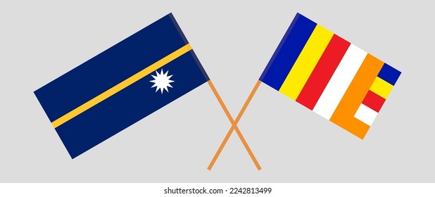 Crossed flags of Nauru and Buddhism. Official colors. Correct proportion. Vector illustration
