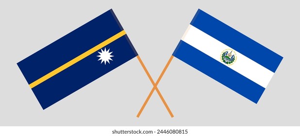 Crossed flags of Nauru and El Salvador. Official colors. Correct proportion. Vector illustration
