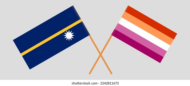 Banderas cruzadas de Nauru y Orgullo Lesbiano. Colores oficiales. Proporción correcta. Ilustración del vector
