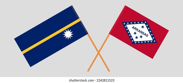 Crossed flags of Nauru and The State of Arkansas. Official colors. Correct proportion. Vector illustration
